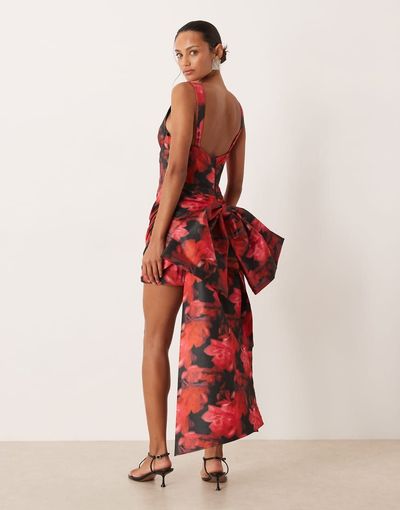 For Love & Lemons For Love & Lemons high neck mini dress with exaggerated bow back in dark romance red floral