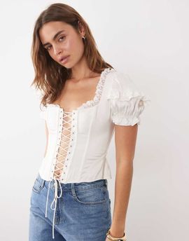 For Love & Lemons For Love & Lemons Isadora lace up front puff sleeve corset bustier top in cream-WHITE