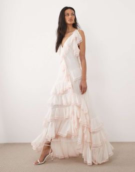 For Love & Lemons For Love & Lemons Juniper chiffon v-neck ruffle tiered maxi dress in pale pink