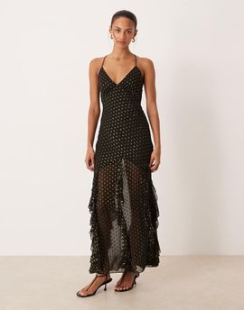For Love & Lemons For Love & Lemons lace-up back strappy maxi dress in black polka dot print