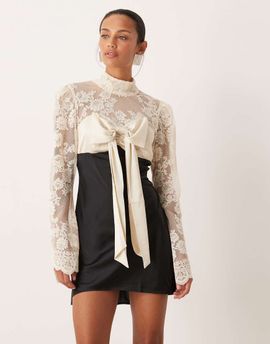 For Love & Lemons For Love & Lemons lace and satin mix long sleeve mini dress with bow bust detail in cream-White