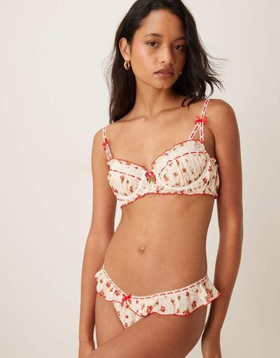 For Love & Lemons For Love & Lemons leah floral print thong in cream floral - part of a set-White