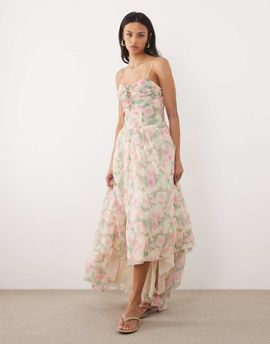 For Love & Lemons For Love & Lemons Lilou underwire corset detail asymmetric floaty hem maxi dress in pink floral-Yellow