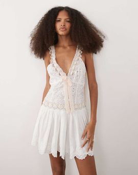 For Love & Lemons For Love & Lemons locked hearts plunge neck lace bodice embellished mini dress in white