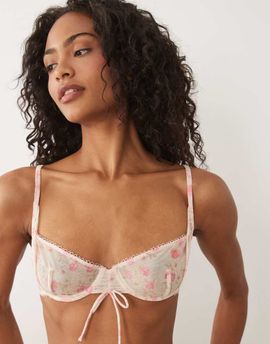 For Love & Lemons For Love & Lemons Lottie sheer underwire bra in cream pink floral - part of a set-White