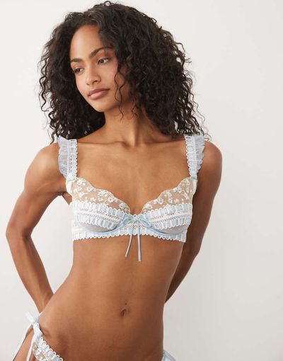For Love & Lemons For Love & Lemons Pinkaboo floral embroidered bra with ruffle shoulders in blue - part of a set