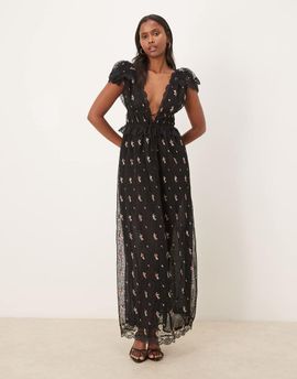 For Love & Lemons For Love & Lemons Poppy pleated lace maxi dress in black-Brown