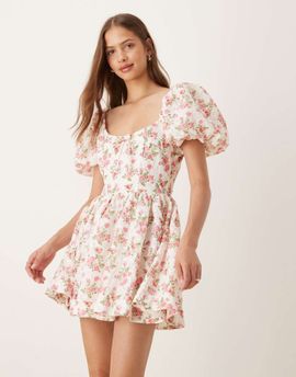 For Love & Lemons For Love & Lemons puff sleeve milkmaid mini dress in white floral