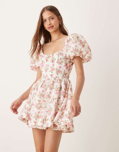 For Love & Lemons For Love & Lemons puff sleeve milkmaid mini dress in white floral