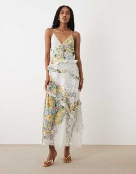 For Love & Lemons For Love & Lemons Rosalyn V-neck lace detail cami maxi dress in multi floral