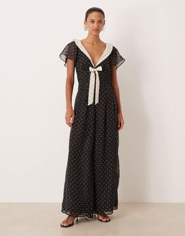 For Love & Lemons For Love & Lemons sailor collared jumpsuit in mono polka dot print-Black