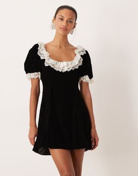 For Love & Lemons For Love & Lemons scoop neck velvet mini dress with lace trim ruffles in black