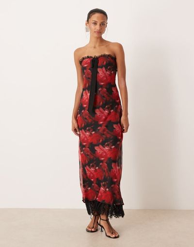 For Love &Amp; Lemons Strapless Maxi Dress With Open Back And Lace Hem In Dark Romance Red Floral