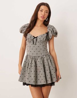 For Love & Lemons For Love & Lemons twill dropped waist mini dress in gray bow print