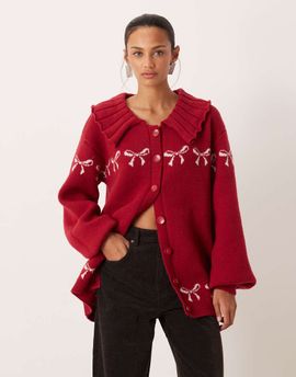 For Love & Lemons For Love & Lemons wool feel knitted large collar button down cardigan in red