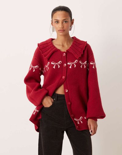 For Love & Lemons For Love & Lemons wool feel knitted large collar button down cardigan in red