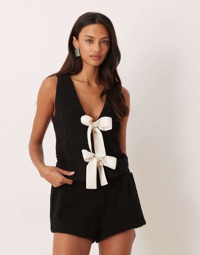 For Love & Lemons For Love & Lemons wool rich boucle bow front tank top set in black