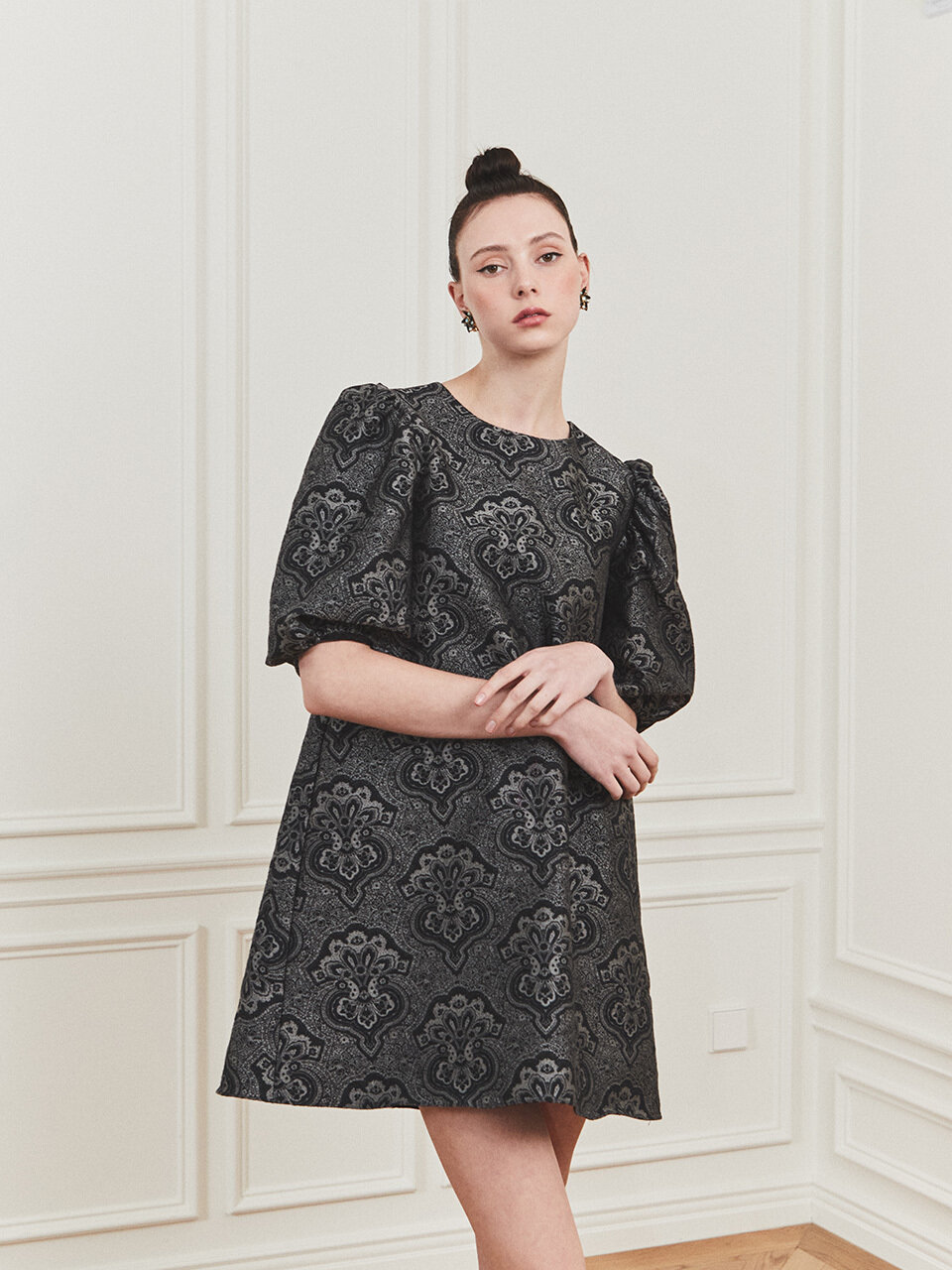 FORMYSIS Puff Sleeve A-Line Mini Dress (Dark Gray)