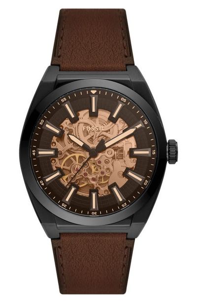 Fossil Fossil Everett Skeleton Leather Strap Watch, 42mm