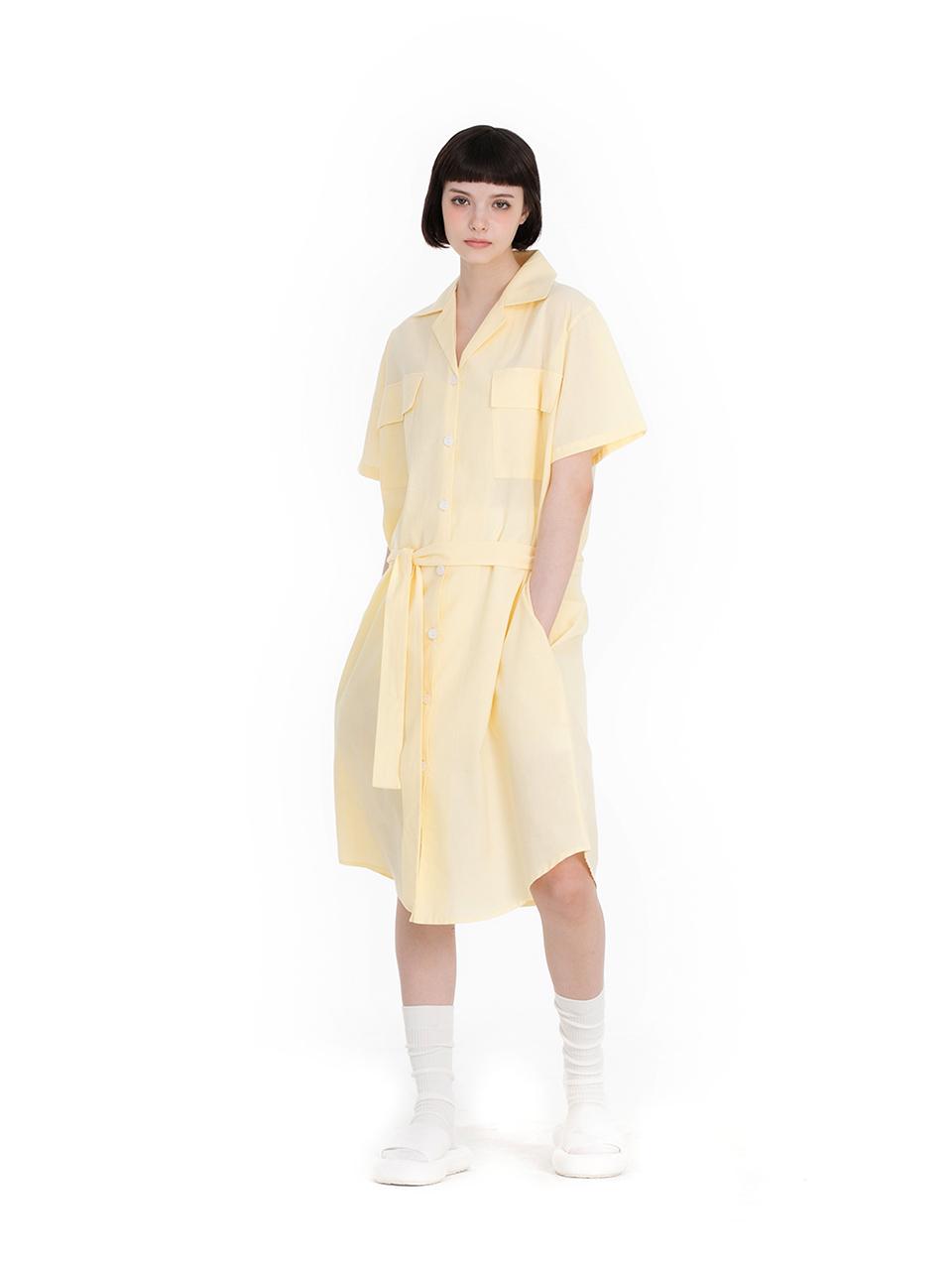 FOVERE Cotton Classic Collar Button-Up Belted Dress [Yellow]