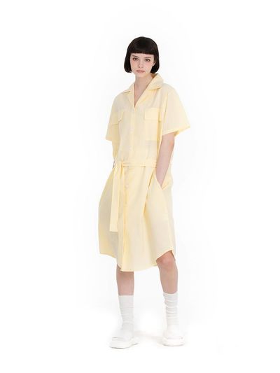 FOVERE Cotton Classic Collar Button-Up Belted Dress [Yellow]