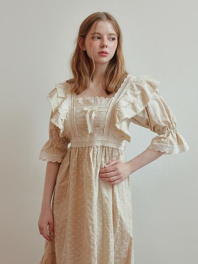 FOVERE Cotton Lace Square-Neck Short-Sleeve Dress
