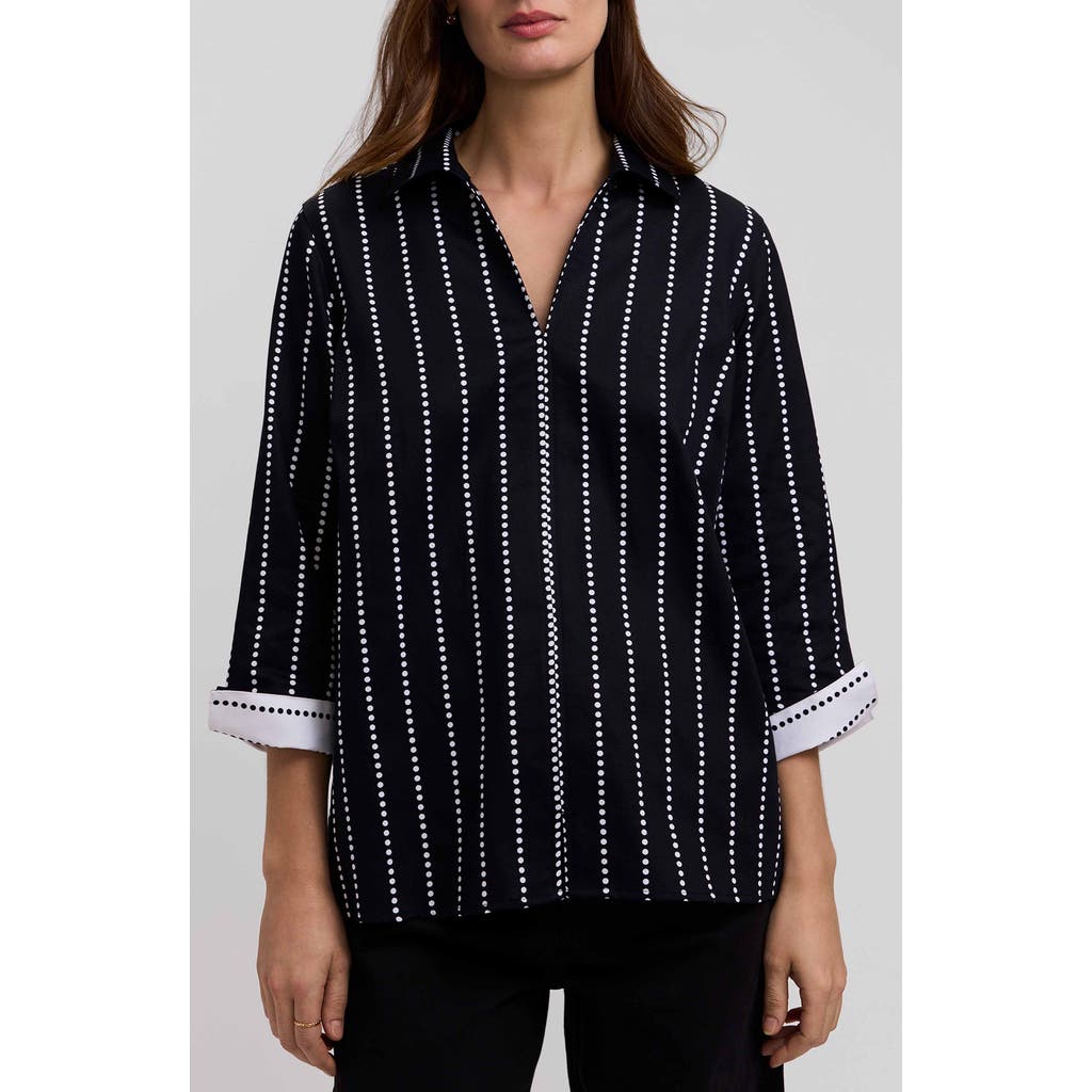 Foxcroft Foxcroft Agnes Dot Stripe Three-Quarter Sleeve Cotton Popover Top