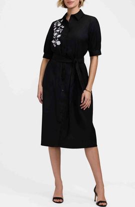 Foxcroft Foxcroft Esther Belted Floral Embroidered Cotton Blend Shirtdress