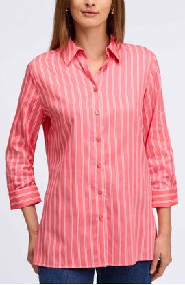 Foxcroft Foxcroft Evelyn Stripe Three-Quarter Sleeve Cotton Button-Up Shirt