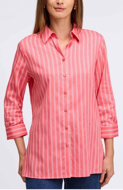 Foxcroft Foxcroft Evelyn Stripe Three-Quarter Sleeve Cotton Button-Up Shirt