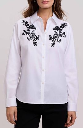Foxcroft Foxcroft Hampton Floral Embroidered Cotton Blend Button-Up Shirt