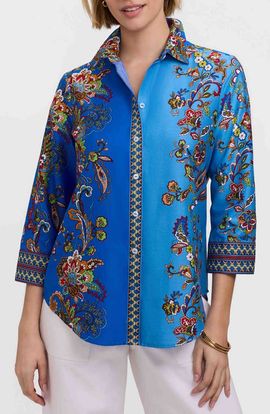 Foxcroft Foxcroft Margaret Floral Three-Quarter Sleeve Cotton Button-Up Shirt