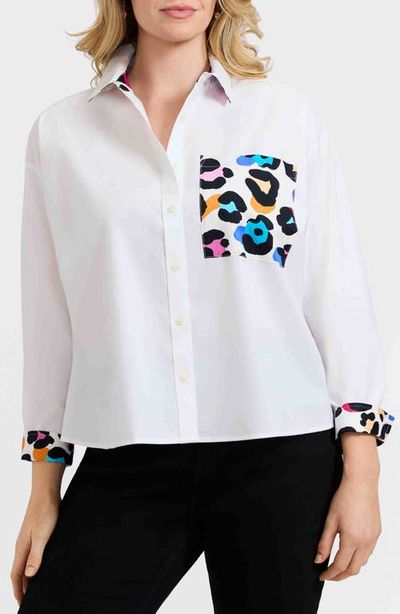 Foxcroft Foxcroft Marina Contrast Leopard Trim Cotton Blend Button-Up Shirt