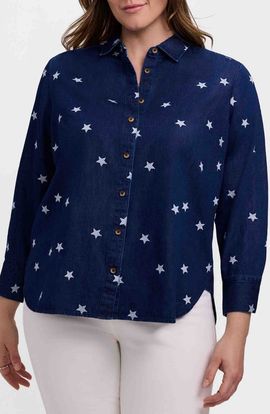 Foxcroft Foxcroft Meghan Star Embroidered Denim Button-Up Shirt