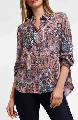 Foxcroft Foxcroft Olivia Paisley Print Smocked Cuff Button-Up Shirt