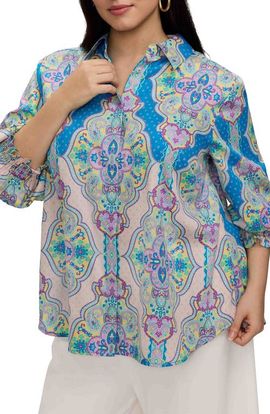 Foxcroft Foxcroft Olivia Paisley Smocked Cuff Cotton Button-Up Shirt