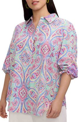 Foxcroft Foxcroft Olivia Paisley Smocked Cuff Linen Blend Button-Up Shirt