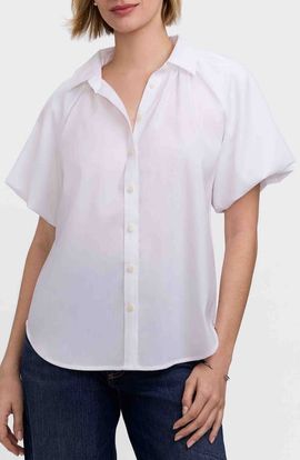 Foxcroft Foxcroft Paula Puff Sleeve Cotton Blend Button-Up Shirt