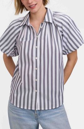 Foxcroft Foxcroft Paula Stripe Puff Sleeve Cotton Blend Button-Up Shirt