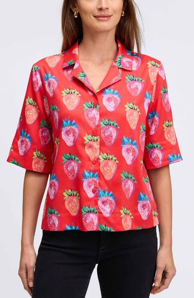Foxcroft Foxcroft Quinn Strawberry Print Contrast Cuff Cotton Button-Up Shirt