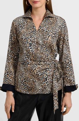 Foxcroft Foxcroft Salina Leopard Print Cotton Poplin Wrap Shirt