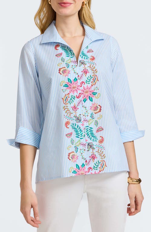 Foxcroft Foxcroft Stripe Floral Embroidered Cotton Button-Up Shirt
