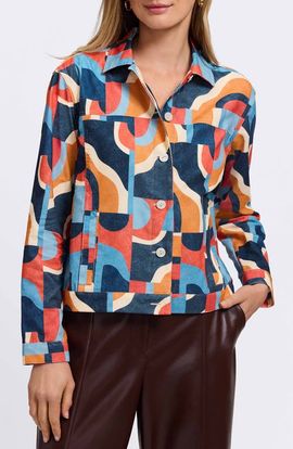 Foxcroft Foxcroft Thelma Geo Print Cotton Corduroy Shirt Jacket