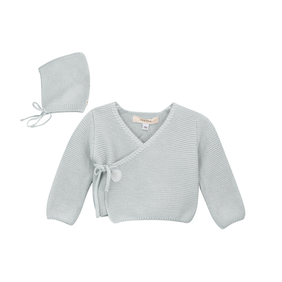 Fragile Fragile Garter Knit Wrap Cardigan Set with Bonnet
