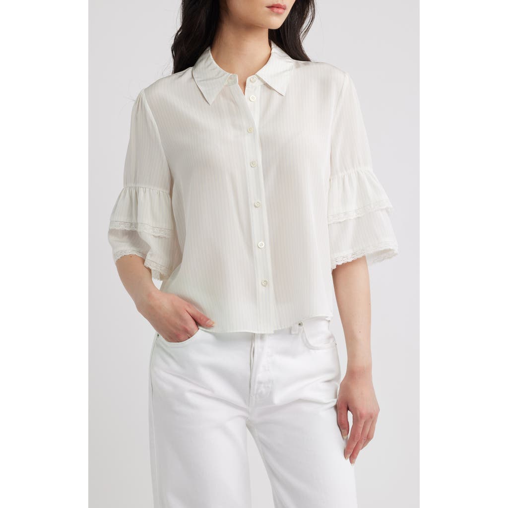 FRAME FRAME Lace Trim Ruffle Sleeve Silk Button-Up Top