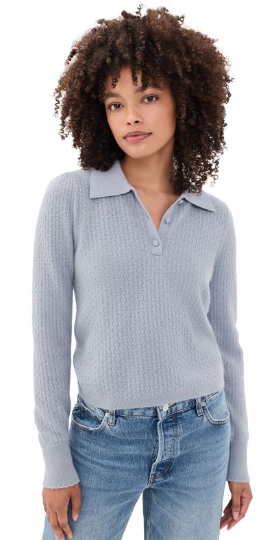 FRAME FRAME The Long Sleeve Honeycomb Polo Sweater Grey Blue
