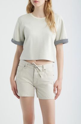 FRAME FRAME The Stripe Cuff Cotton Blend crop T-Shirt