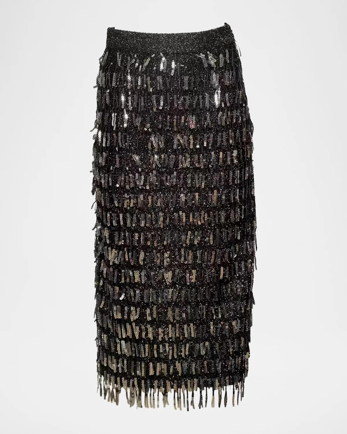 Frances Valentine Shimmy Sequin Fringe Knit Midi Skirt