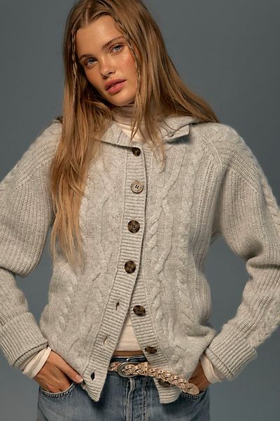 Free People Cashmere Cable-Knit Hooded Cardi