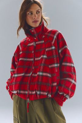 Free People Chelsea Plaid Funnel-Neck Oversized Jacket